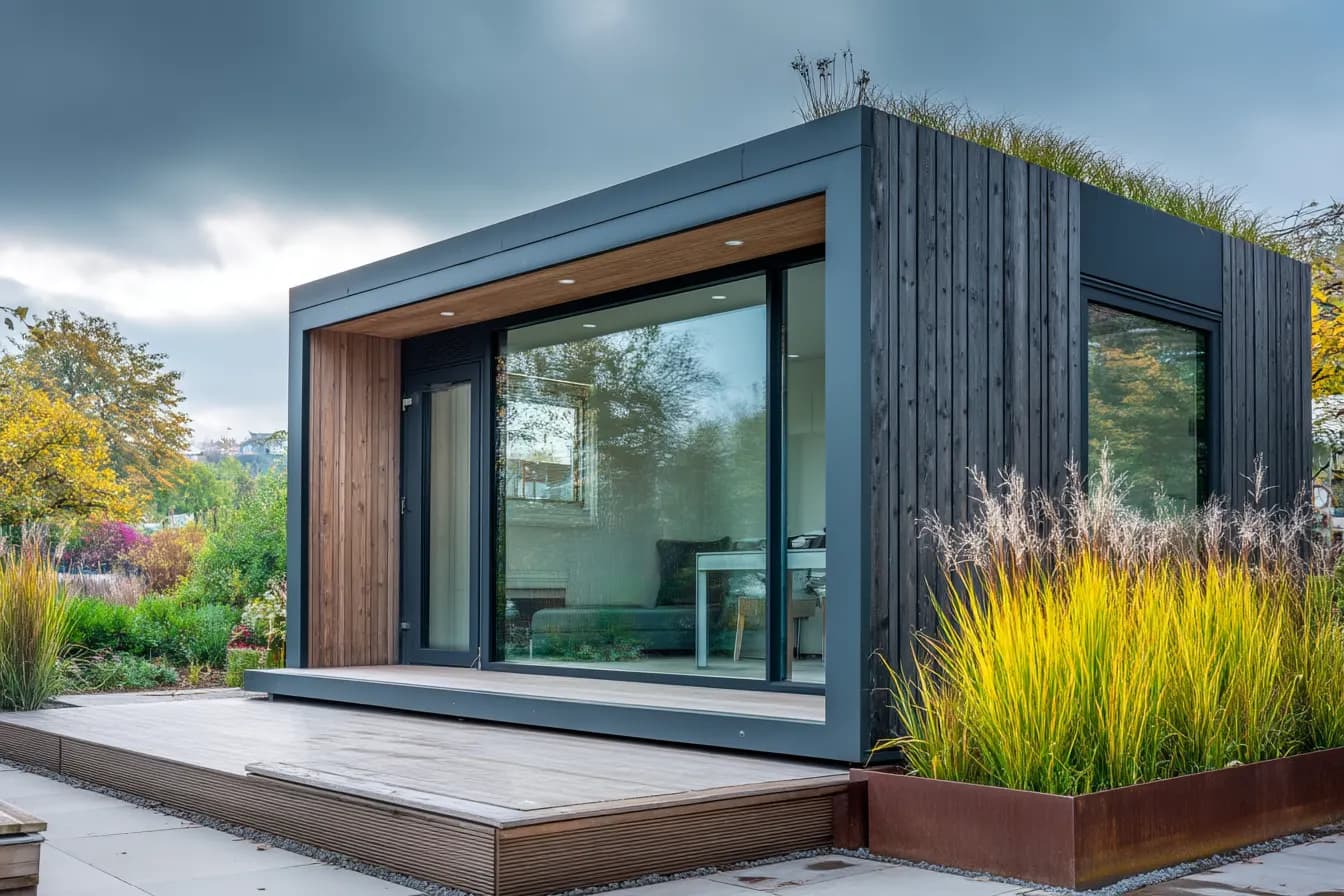 Cube Sauna mit Charred-Timber-Fassade und Panoramafenstern in einem modernen Garten mit Ziergräsern