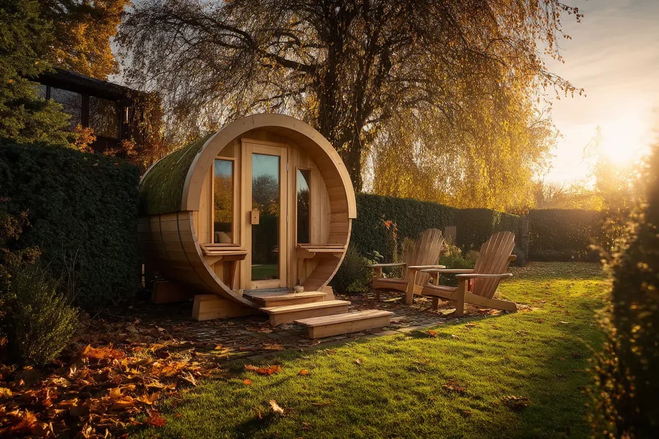 Fasssauna im Garten bei Sonnenuntergang — nordische Fichte mit Glasstür, Holzterrasse und Adirondack-Stühlen