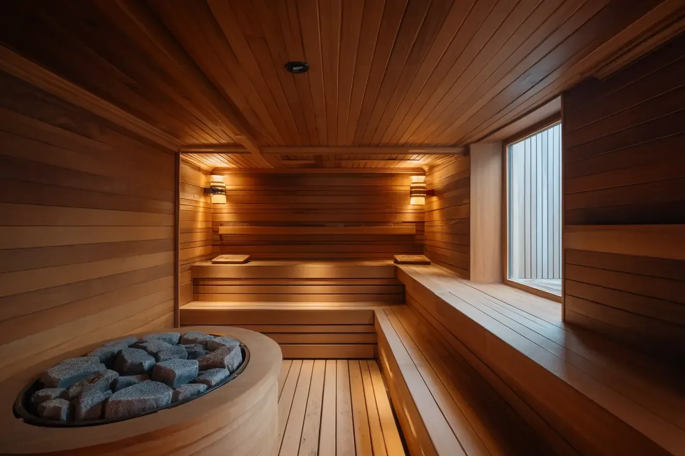 Fasssauna Innenraum — zweistufige Holzbänke, Saunaofen mit Steinen, warme Beleuchtung