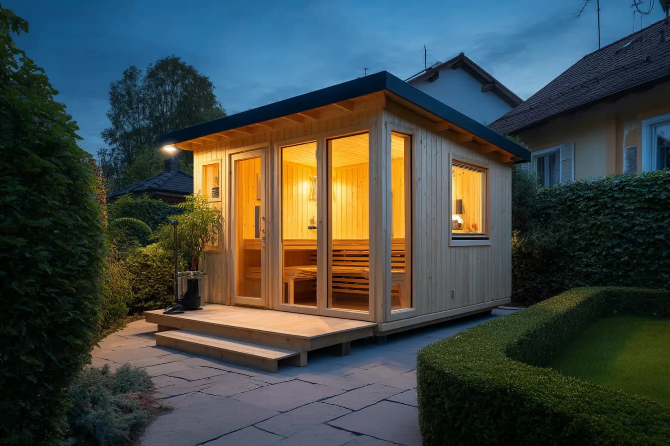 Gartensauna Kabine im Garten bei Abenddämmerung — nordische Fichte, Panoramafenster mit warmem Licht
