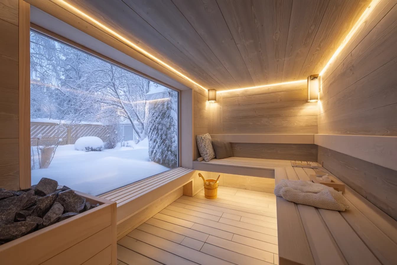 Gartensauna Innenraum — Panoramafenster mit Winterblick, LED-Beleuchtung, zweistufige Bänke