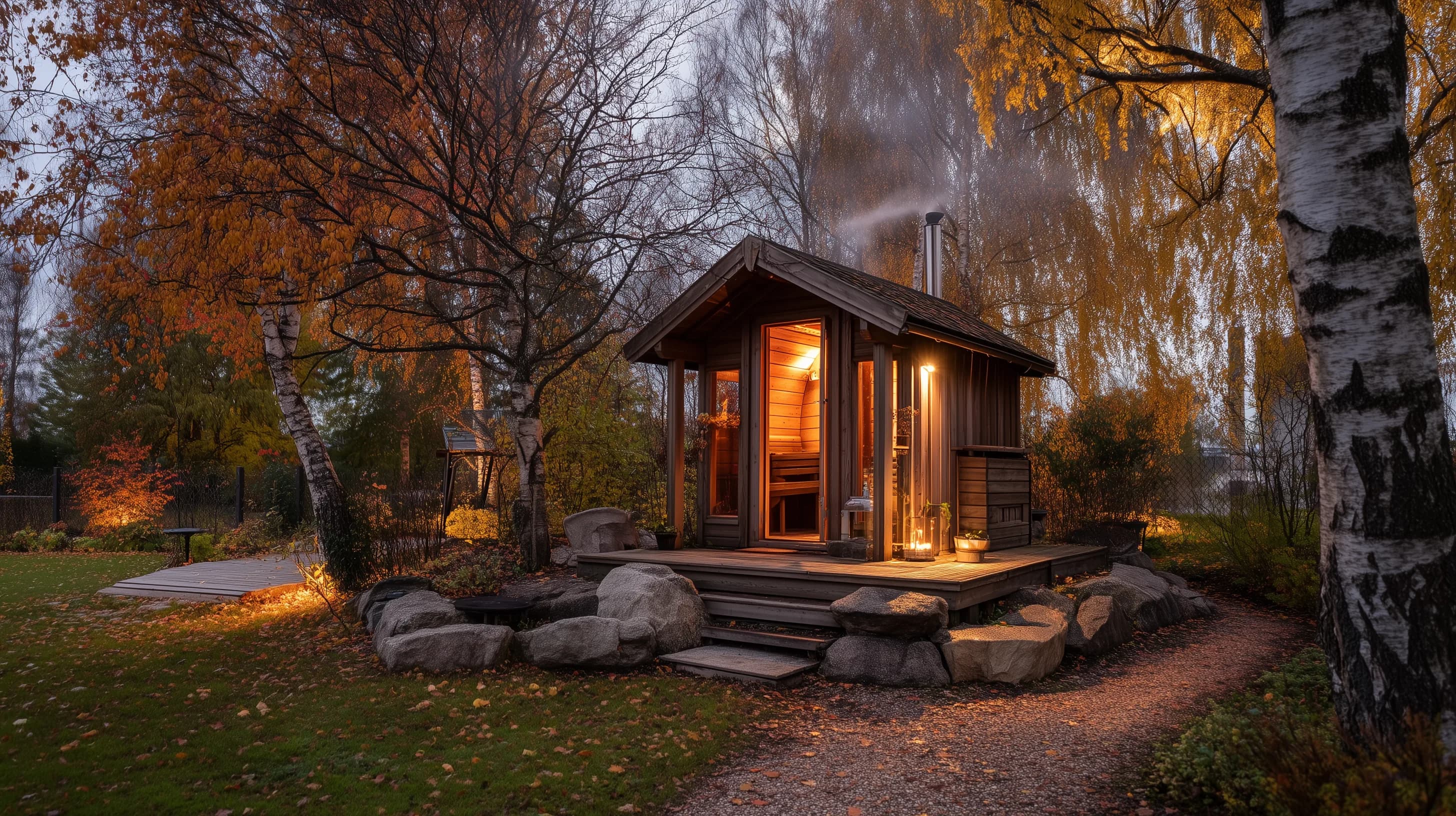 Fasssauna im herbstlichen Garten mit warmem Licht